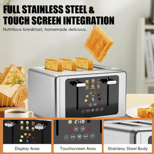 Vista 6 de whall 4 Slice Touch Screen Toaster, Stainless Steel Toasters Digital Timer, Dual Control Panel Toasters，6 Shade Settings＆6 Bread Types, Smart Wide
