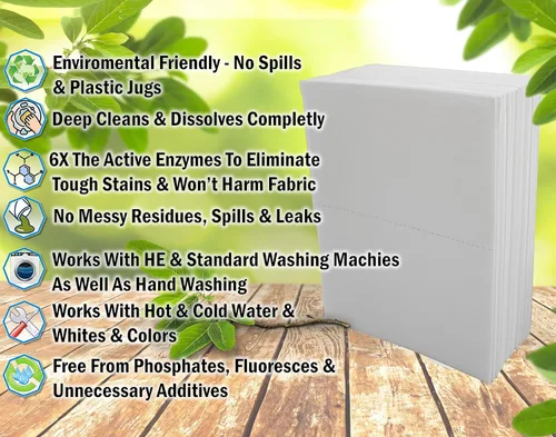 Vista 6 de Hojas de detergente ecológico para ropa (120 hojas grandes), a base de plantas, biodegradables para lavar a máquina, sin líquidos, sin plástico