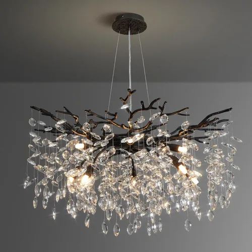 Vista 19 de YUYI 23.6" Candelabro moderno de oro con ramas de árbol de cristal, iluminación redonda de gota de lluvia de 8 luces para comedor, sala de estar