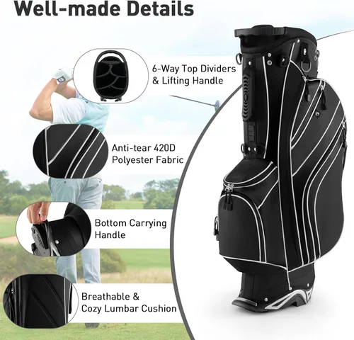 Vista 6 de Goplus Bolsa de golf ligera para palos de golf con divisores superiores de 6 vías, 8 bolsillos, bolsa refrigeradora, capucha para lluvia, correa