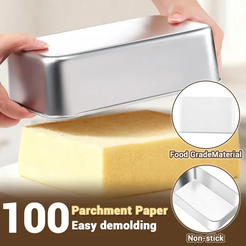 Vista 5 de Bestdin Juego de 3 moldes rectangulares para tartas de 8.7 x 5.7 x 2.4 pulgadas, moldes de acero inoxidable con 100 papeles pergaminos, sartén