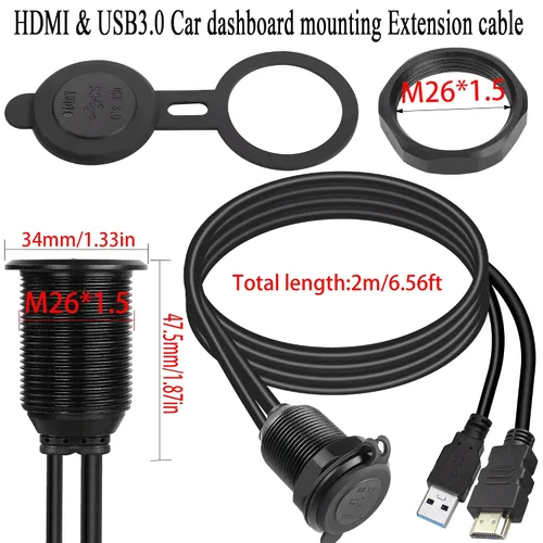 Vista 6 de QIANRENON USB3.0 y HDMI - Cable impermeable para automóvil, USB3.0+HDMI 1.4 roscado, cable de extensión de datos de montaje fijo, luz LED, carcasa