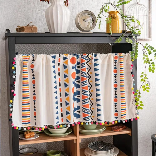 Vista 14 de Cortinas de lino con borlas bohemias para ventana, semiopacas, panel geométrico bohemio para sala de estar, cocina, cafetería, comedor, cenefas