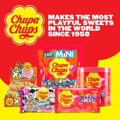 Vista 9 de Chupa Chups Surtido de mini piruletas, 5 sabores, dulces envueltos individualmente para niños, bolsa de 50.8 onzas (240 ventosas)