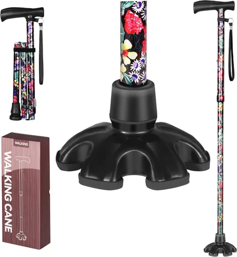 Vista 8 de Bastones florales para mujer, bastón plegable para estabilidad con base antideslizante, bastón ajustable para personas mayores, bastones plegables