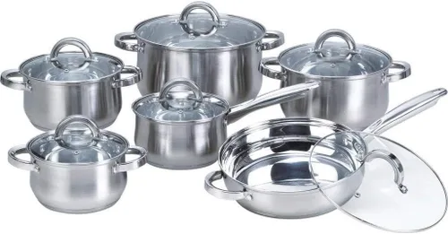 UKN Juego de utensilios de cocina de acero inoxidable de 12 piezas con tapa de vidrio, 12 piezas, 2 incluye caja fuerte para horno