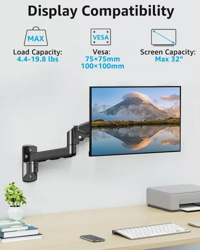Vista 2 de MOUNTUP Soporte de pared para monitor único para pantalla de computadora de 32 pulgadas de máximo, brazo de monitor totalmente ajustable, soporte