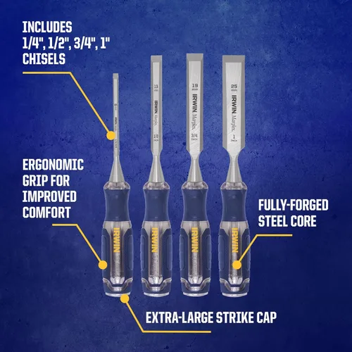 Vista 4 de IRWIN Juego de cinceles, carpintería, paquete de 4, tapa de golpeo extra larga, núcleo de acero fuerte y duradero (IRHT82507)