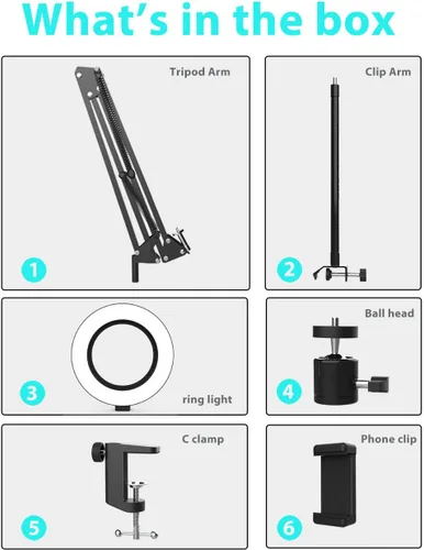 Vista 9 de Soporte de cámara superior con anillo de luz, brazo flexible articulado para teléfono compatible con iPhone, webcam Logitech, trípode de escritorio