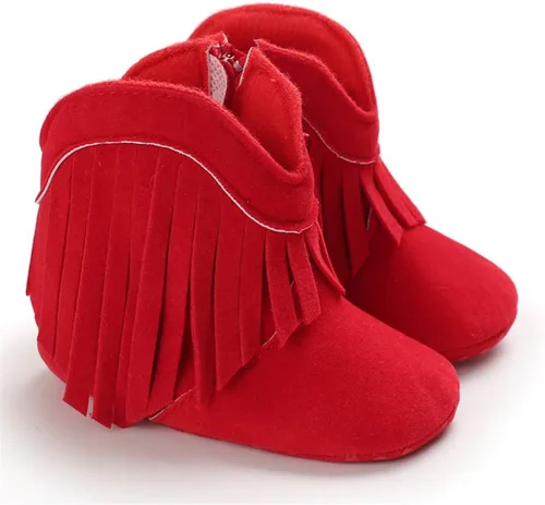 Vista 6 de SOFMUO Botas vaqueras con borlas y cremallera lateral para bebés y niñas, botines antideslizantes de gamuza para niños pequeños