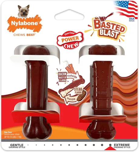 Vista 11 de Nylabone Juguete masticable original y texturizado para perros, juguetes duraderos y resistentes para masticadores agresivos, sabor a tocino