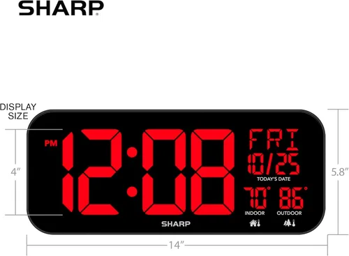 Vista 3 de Sharp Large Oversized Screen LED Clock with Outdoor/Indoor Temperature with Outdoor Sensor, with Date and Day of Week – 14 inch Clock with 4 inch