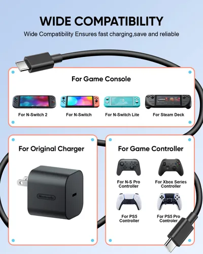 Vista 3 de Paquete de 2 cables de carga rápida Switch 2 para adaptador original Nintendo 2, cargador USB-C de 5 pies y 60 W, cargador USB-C de 5 pies y 60 W