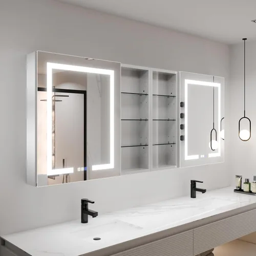 Vista 12 de ExBrite Botiquín de baño con luz LED de 52 x 30 pulgadas, botiquín LED con gabinete de almacenamiento extra cerrado, desempañado