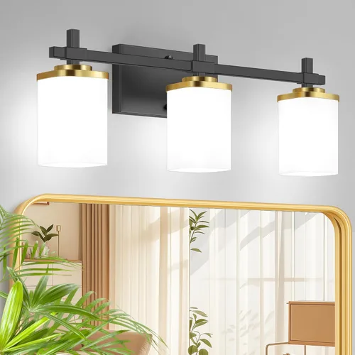 Vista 18 de 2 luces de tocador de baño, accesorios de luz de tocador negro mate sobre espejo, apliques de pared modernos con pantalla de vidrio transparente