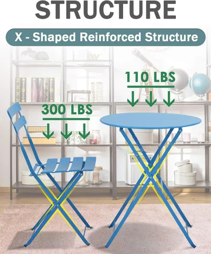 Vista 4 de PayLessHere Juego de 3 piezas de bistró de acero para patio, mesa plegable y sillas, muebles de patio al aire libre, para césped, patio, bistró
