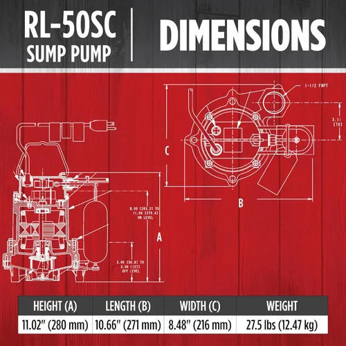 Vista 2 de Red Lion RL-50SC 14942653 Bomba de sumidero/efluente de hierro fundido de 1/2 HP, 115 voltios, 4000 GPH, con interruptor de flotador de acción a