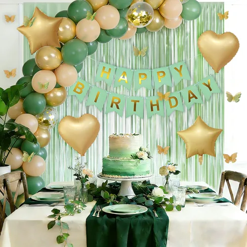 Vista 3 de Decoraciones de cumpleaños verde salvia con pancarta de feliz cumpleaños, cortinas, globos de corazón y estrella, decoración de mariposa y luz LED