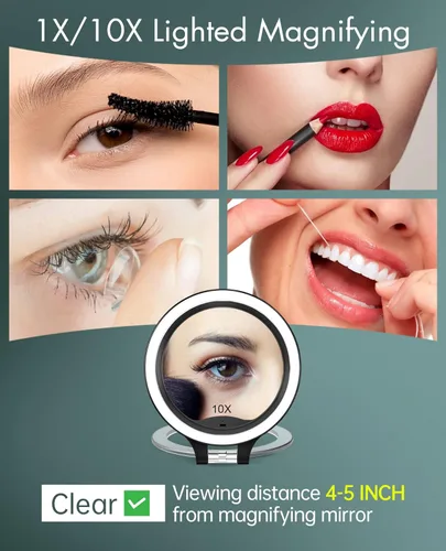 Vista 4 de FASCINATE Espejo de aumento de 10 x 1 x doble cara de aumento de maquillaje, espejo iluminado recargable con 3 ajustes de color, rotación ajustable