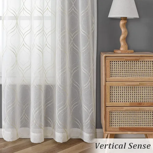 Vista 5 de VISIONTEX Cortinas traslúcidas blancas de 95 pulgadas de largo, juego de 2 paneles de cortinas beige marroquíes bordadas en enrejado, textura