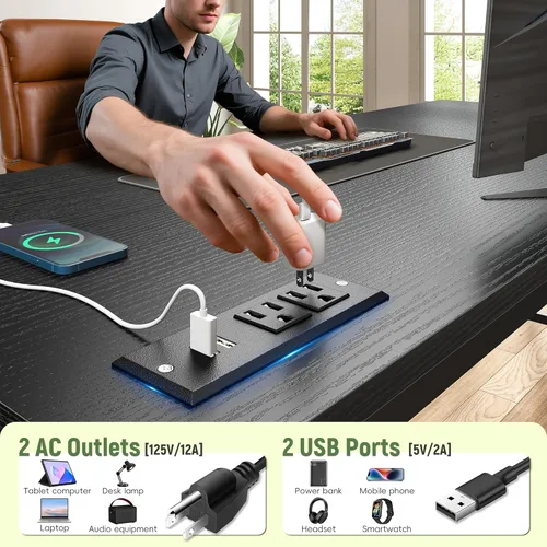 Vista 7 de DurayLoly Escritorio para juegos de 39.3 pulgadas con toma de corriente y luces LED, escritorio de computadora con soporte de monitor ajustable