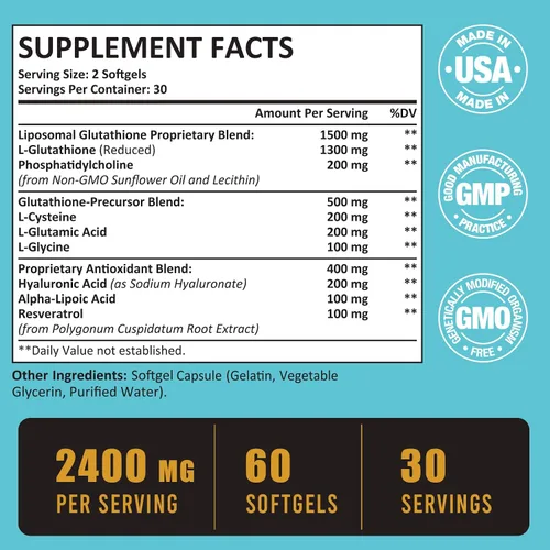 Vista 2 de Cápsulas blandas de glutatión liposomal de 2400 MG, absorción máxima, forma activa de L-glutatión reducido (GSH), con ácido hialurónico