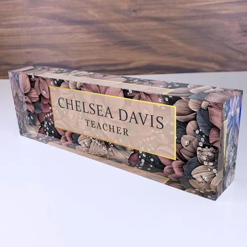 Vista 28 de Artblox - Placa de nombre personalizada para escritorio con soporte para tarjetas de presentación en cristal acrílico transparente, diseño de flores