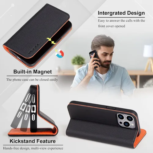 Vista 5 de VISOUL Pebbled - Funda de piel auténtica para iPhone 15 Pro Max con soporte para tarjetas, funda magnética con función atril para iPhone 15 Pro Max