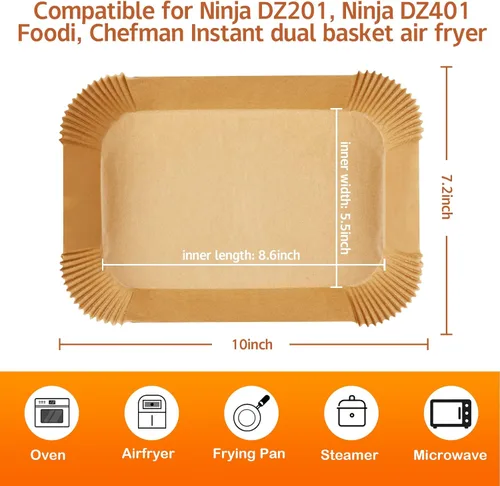 Vista 4 de Ninja Dual Air Fryer Liners - 125 hojas de pergamino antiadherentes, rectángulo de 8.6 x 5.5 pulgadas