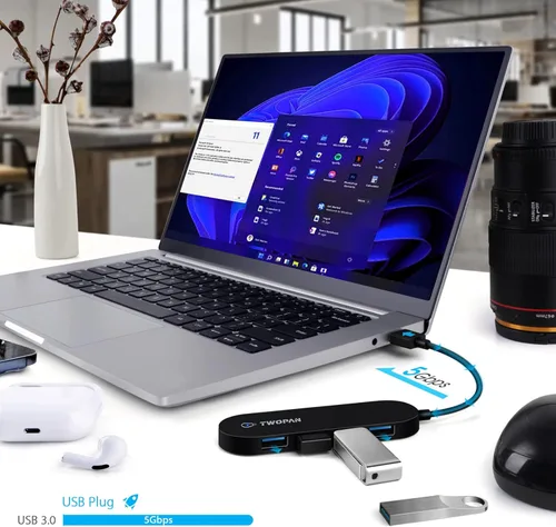 Vista 3 de Hub USB 3.0 de 4 puertos, adaptador multipuerto USB ultra delgado para laptop, escritorio, Mac, Surface Pro, XPS, mouse, teclado, unidad flash