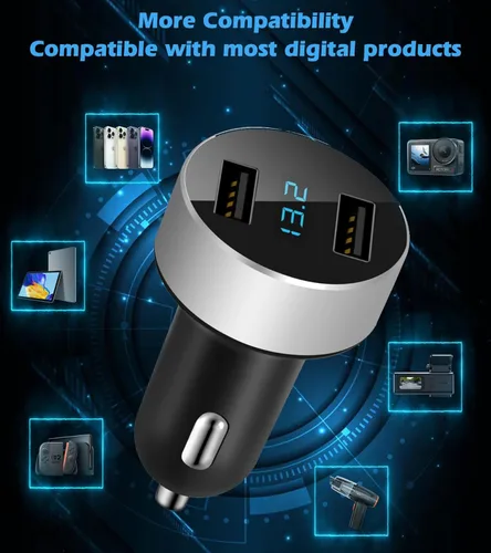 Vista 5 de LIHAN Cargador de coche con 2 USB, medidor de voltaje de 12 V/24 V, salida de 4.8 A, adaptador de enchufe para encendedor de cigarrillos compatible