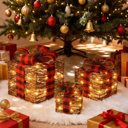 Vista 8 de LAWOHO - Juego de 3 cajas de regalo iluminadas de Navidad, cajas de regalo rústicas de ratán con lazos, cajas de regalo de Navidad LED operadas por