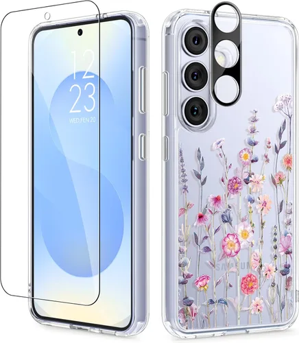 Vista 86 de GVIEWIN Funda protectora para Samsung Galaxy S25, transparente floral, delgada, a prueba de golpes, para mujer, no se pone amarilla, con protector