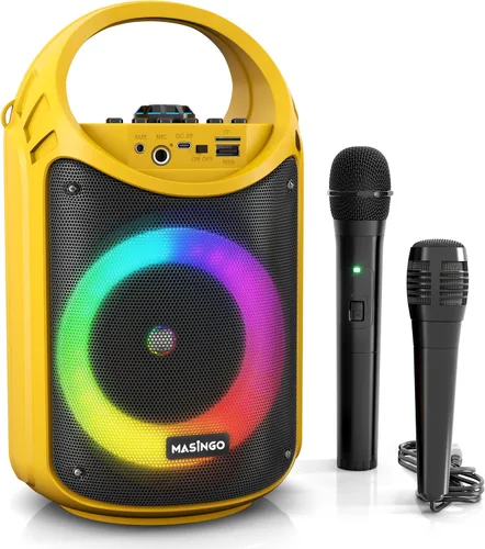 Vista 10 de MASINGO Máquina de karaoke para niños y adultos con 1 micrófono inalámbrico de karaoke y 1 micrófono con cable, altavoz portátil PA con luces LED