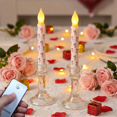 Valentine Day Flameless Taper Candles with Pink Bow, 6.5" LED Candles with Remote, 2 Pack Flickering Battery Operated Candlesticks for Proposal