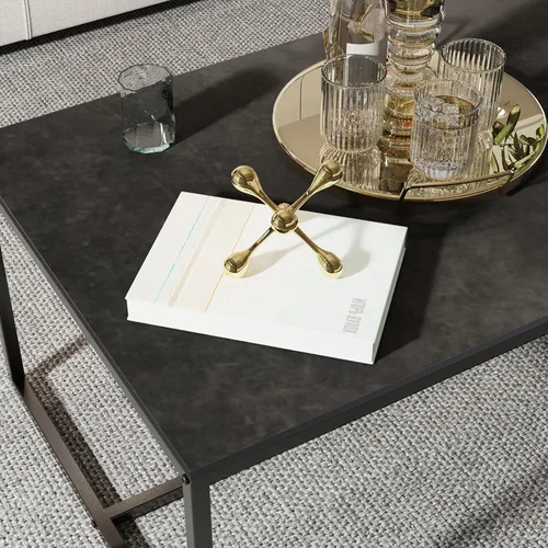 Vista 4 de Wisfor Mesa de centro de piedra sinterizada: mesa central de sofá negro con marco de metal negro - Mesa rectangular de decoración de muebles