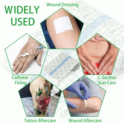 Vista 5 de Rollo de vendaje de cuidado posterior de tatuajes de 10 pulgadas x 10 yardas, película transparente impermeable para curación inicial de tatuajes