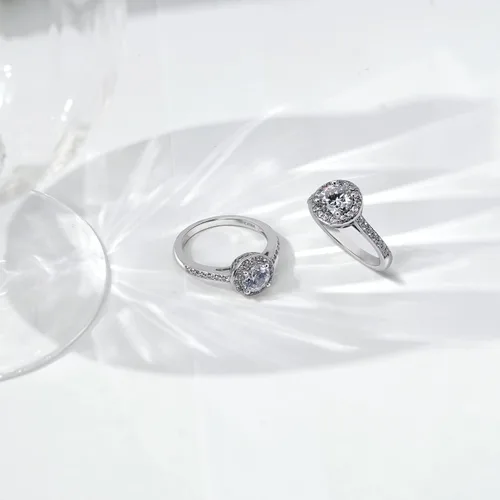 Vista 2 de Tienda Collection Platinum or Gold Plated Sterling Silver Round Halo Ring Made with Infinite Elements Zirconia