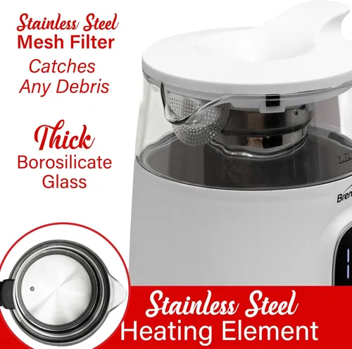 Vista 5 de Brentwood Hervidor eléctrico de vidrio digital inalámbrico de 1100 W, 1.7 L, sin BPA, con infusor de té, base de 360°, apagado automático, mantiene