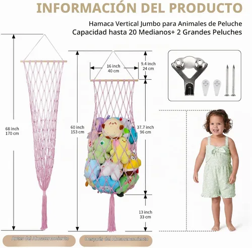 Vista 6 de Almacenamiento de Animales de Peluche de 68 Pulgadas, Hamaca Jumbo de Macramé para Animales de Peluche en Esquina, Hamaca Colgante de Pared y Techo
