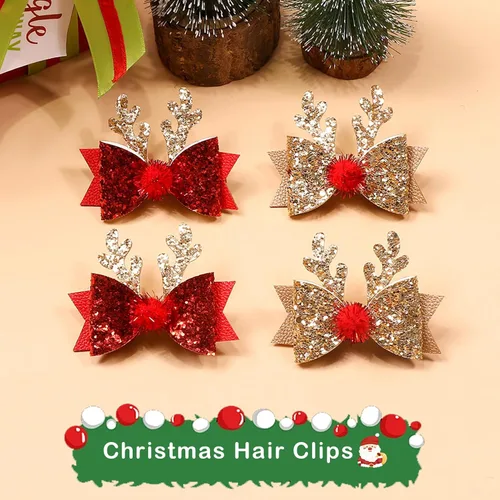 Vista 2 de 4 Piezas Pinzas para el Cabello de Navidad Accesorios para el Cabello con Moño Navideño Lindas Astas de Reno Orejas Lentejuelas con Purpurina