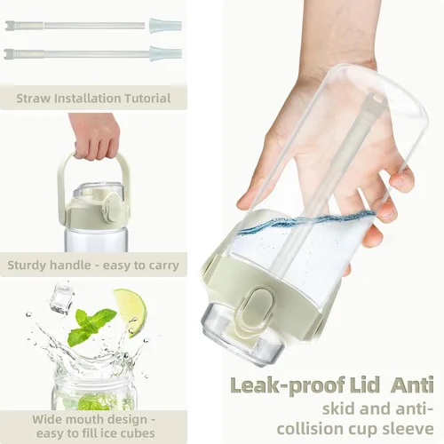 Vista 3 de Botellas de agua de vidrio de 32 onzas con popote, botellas de agua de vidrio motivacionales con tapa a prueba de fugas, botella de vidrio de gran