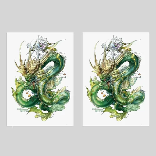Vista 8 de 2 hojas brazo muslo impermeable falso tatuaje temporal etiqueta engomada verde dragón chino