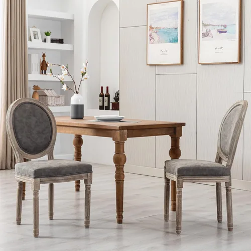 Vista 10 de Juego de 2 sillas de comedor de cuero estilo granja con respaldo redondo de ratán para comedor, sala de estar, restaurante, cocina, color marrón