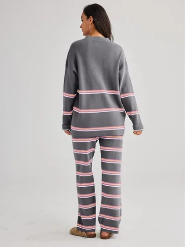 Vista 4 de LILLUSORY Conjuntos de 2 piezas para mujer, conjuntos de descanso de otoño de gran tamaño, suéteres a rayas, suéter de punto acogedor de manga larga