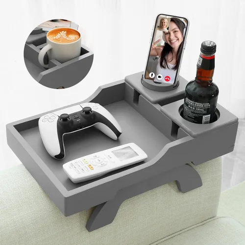 Vista 9 de GHKINMAL Bandeja Portavasos para Sofá, 15.4"x9.9" Bandeja Grande 4 en 1 para Brazo de Sofá con Soporte para Teléfono Giratorio de 360°, Clip