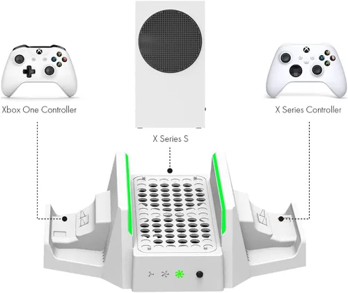 Vista 3 de ElecGear Soporte vertical de refrigeración y carga para Xbox Series S, 2 baterías recargables y base de carga dual para controlador Xbox, ventilador