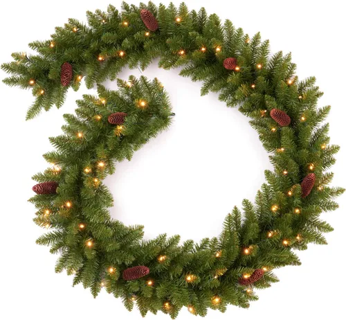 Vista 13 de Guirnalda de Navidad preencendida de 9 pies con bayas y bolas doradas, piña, flor dorada y 50 luces LED blancas suaves que funcionan