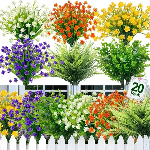 Vista 20 de Turnmeon - 20 Ramos de flores artificiales para decoración de exteriores, primavera o verano, hogar o jardín, resistentes a los rayos ultravioleta