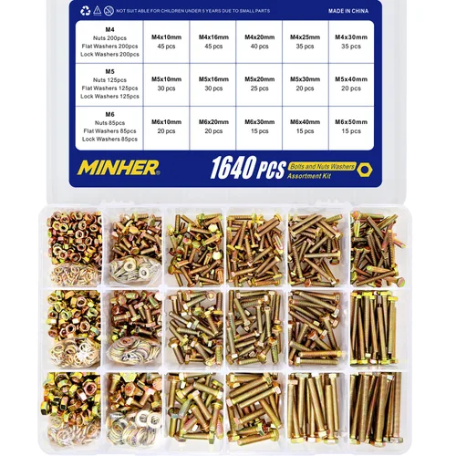 Vista 2 de MINHER Kit surtido de 1640 tornillos y tuercas M4 M5 M6, tornillos hexagonales de acero de aleación de grado 8.8, tuercas y arandelas, incluye 15